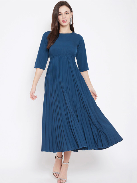 Navy Blue Accordian Pleated Fit & Flare Dress