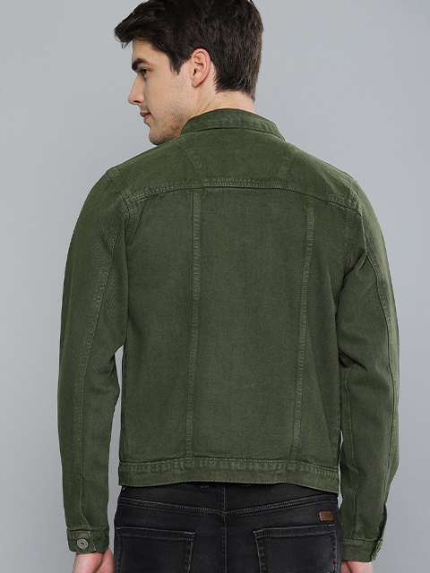Men's Olive green Cotton Solid Denim Jacket