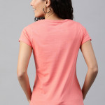 Women Coral Pink Solid Round Neck T-shirt with Contrast Pocket