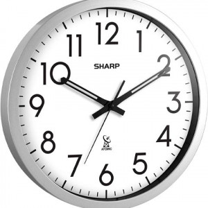 SHARP Atomic Analog Wall Clock - 12" Silver Brushed Finish - Sets Automatically- Battery Operated - Easy to Read - Easy