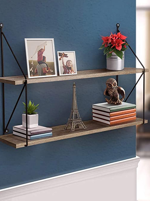 Sorbus® Floating Shelf with Metal Brackets — Wall Mounted Rustic Wood ...