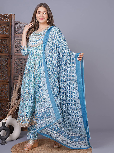 Women's Cotton Printed Anarkali Kurta with Palazzo & Dupatta Set with ...